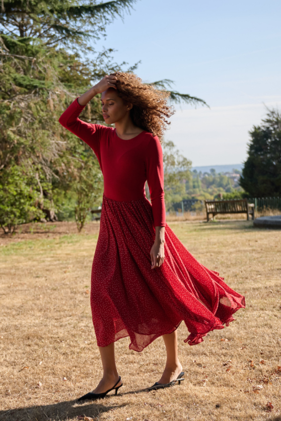 Louche London | Huxley Raindrop Jersey Top Printed Circle Skirt Midaxi Dress - Red