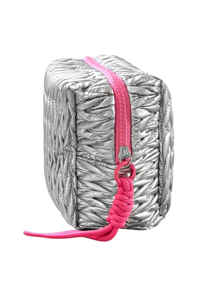 Silver squishy makeup bag by Lillyloves, a soft and flexible wash bag with a shiny, textured surface for storing cosmetics.