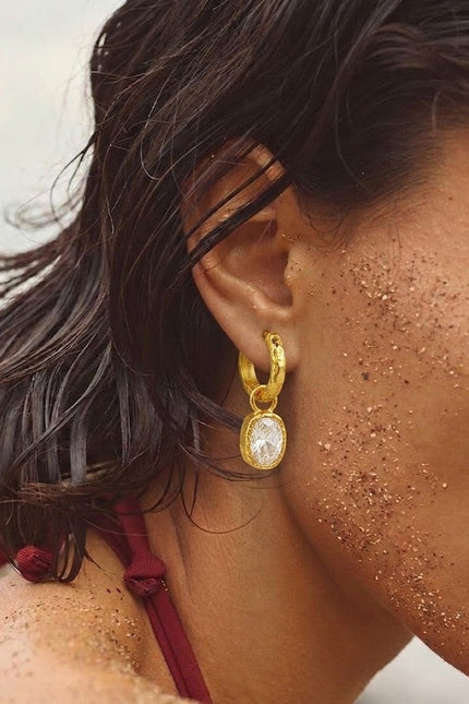 Gold Plated Crystal Drop Textured 92.5 Sterling Silver Hoop Earrings