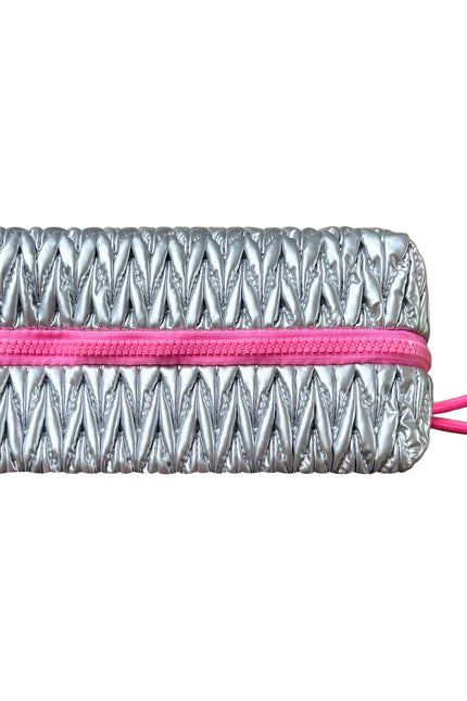 Lillyloves squishy silver makeup bag, a stylish wash bag with a soft, plush texture and compact design for cosmetics storage.