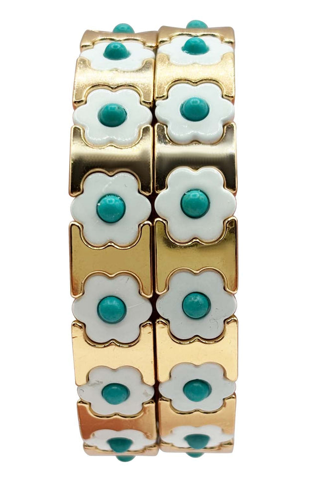 Michael Nash Jewelry | Mirella Turquoise, White, And Gold Enamel Two-Strand Elasticized Bracelets