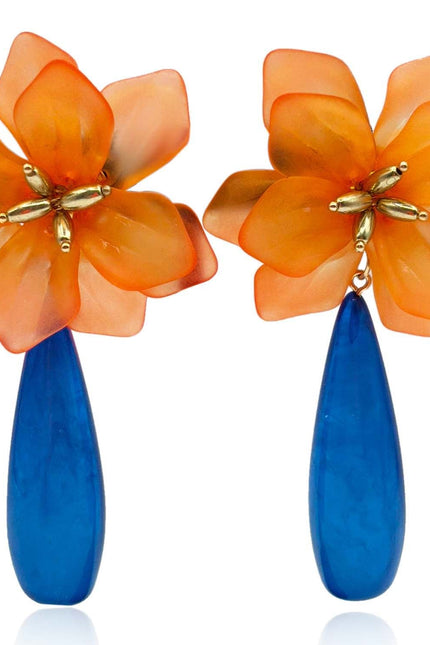 Michael Nash Jewelry | Flora Orange Resin Floral Clip On Earring With Blue Drop