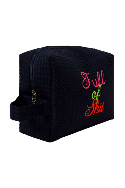 Lillyloves navy Full Of Shit washbag with zipper closure, compact design, ideal for travel storage of toiletries and cosmetics.