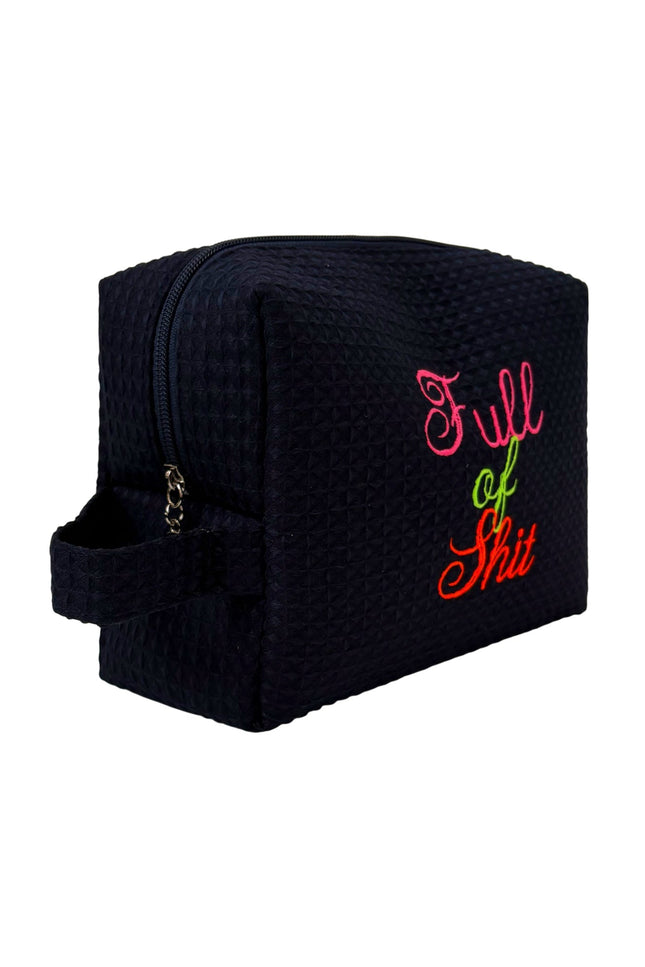 Lillyloves navy Full Of Shit washbag with zipper closure, compact design, ideal for travel storage of toiletries and cosmetics.