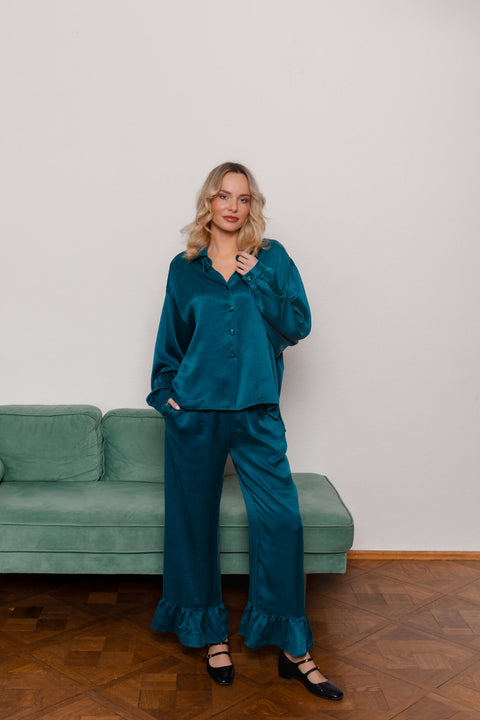 Maoconcept | Turkusowe luźne spodnie z falbanką