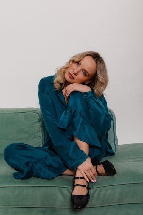 Maoconcept | Turkusowe luźne spodnie z falbanką