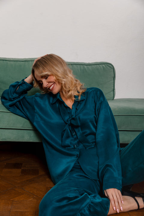 Maoconcept | Turkusowe luźne spodnie z falbanką