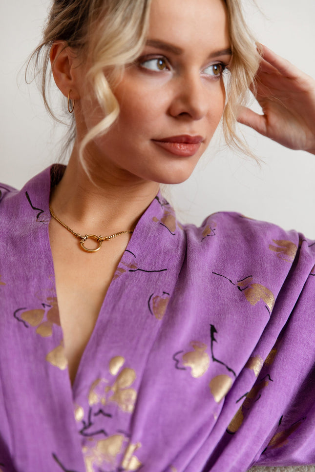 Maoconcept | Fioletowe długie kimono ze złotym printem