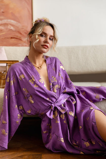 Maoconcept | Fioletowe długie kimono ze złotym printem