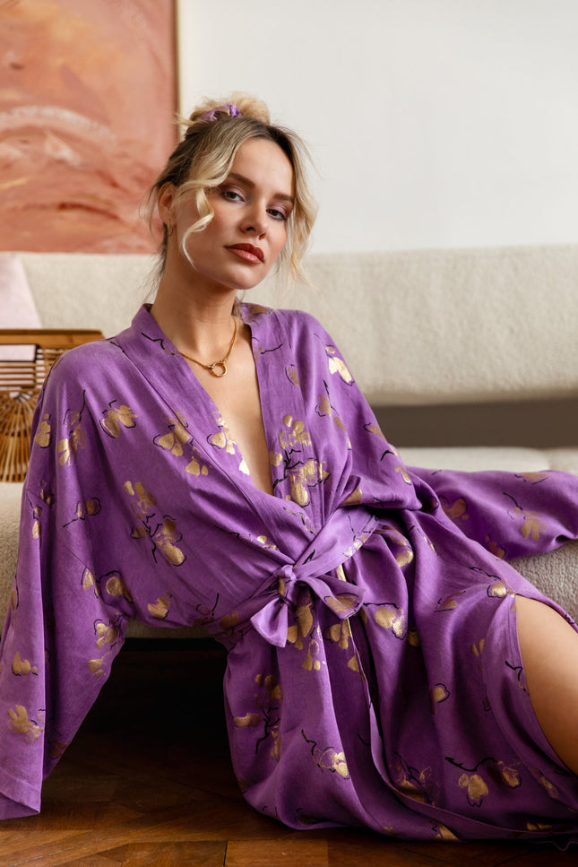Maoconcept | Fioletowe długie kimono ze złotym printem