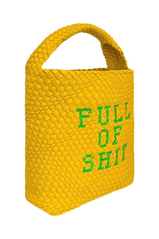 Yellow woven bucket handbag by Lilly Loves, showcasing textured fabric and stylish design with a round shape and shoulder strap.
