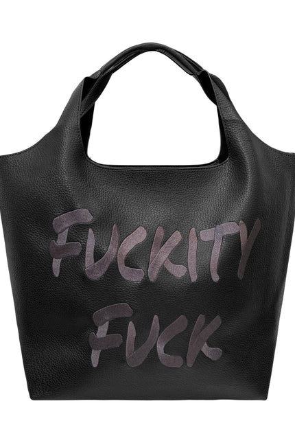 Lilly Loves Fuckity Fuck Vegan Handbag with bold black and white design, stylish tote bag with vegan leather finish.