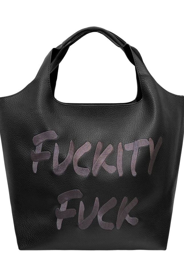 Lilly Loves Fuckity Fuck Vegan Handbag with bold black and white design, stylish tote bag with vegan leather finish.