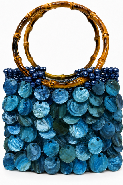 Solea Marina Atelier Emine blue natural mother-of-pearl pearl handbag with bamboo handle, handmade couture bag