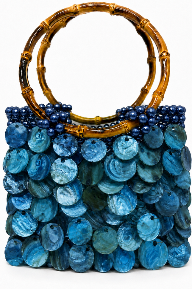 Solea Marina Atelier Emine blue natural mother-of-pearl pearl handbag with bamboo handle, handmade couture bag