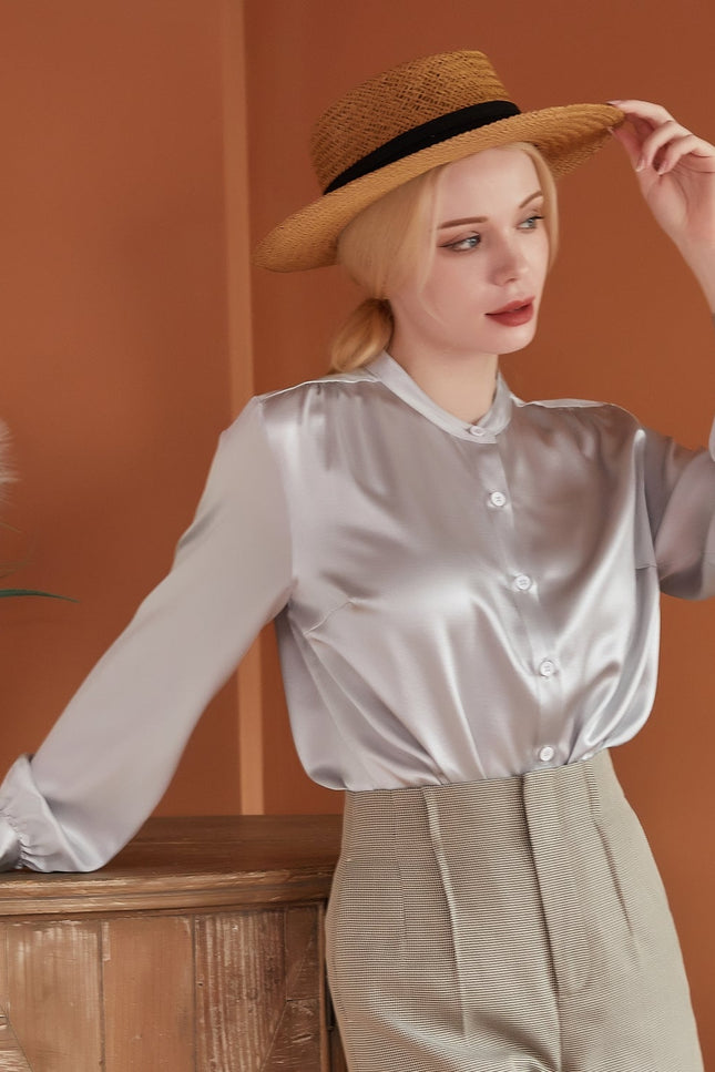 Soft Strokes Silk | Long Sleeve Banded Collar Blouse Aeverie