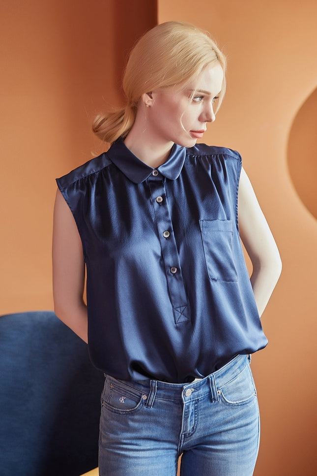 Soft Strokes Silk | Pointed Peter Pan Collar Sleeveless Auri Blouse