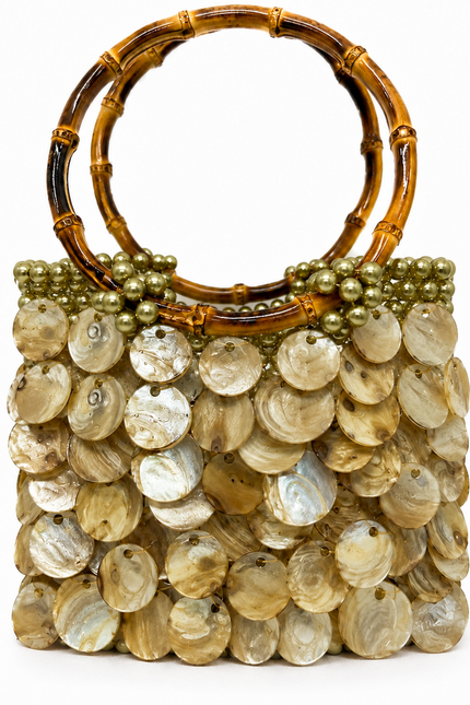 Atelier Emine Solea Stone natural mother-of-pearl and pearl couture handbag with bamboo handle