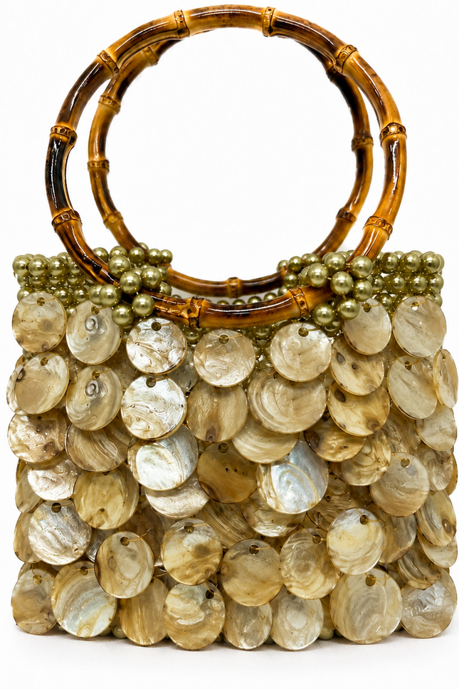 Atelier Emine Solea Stone natural mother-of-pearl and pearl couture handbag with bamboo handle