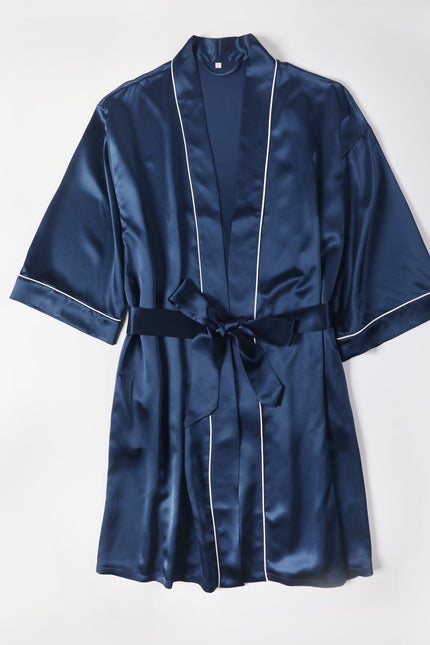 Soft Strokes Silk | Navy Float Kimono Robe & Slip Mini Dress Set