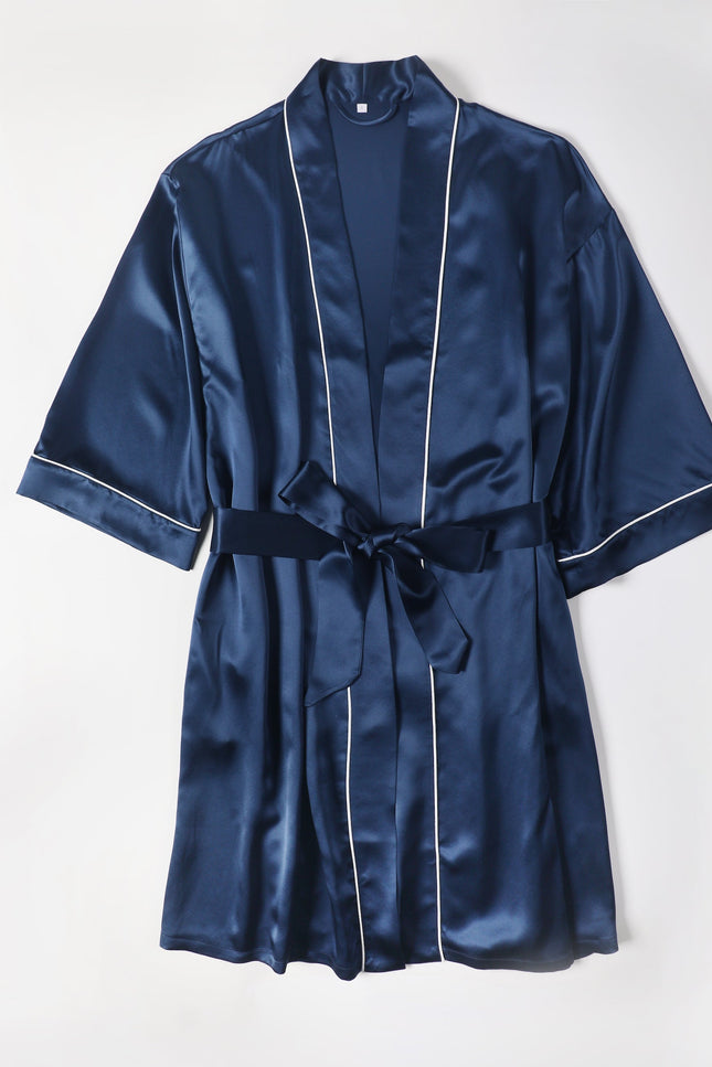 Soft Strokes Silk | Navy Float Kimono Robe & Slip Mini Dress Set
