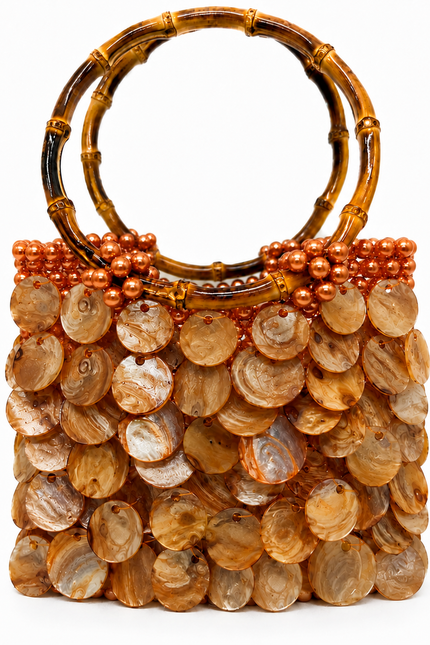 Solea Sunset Atelier Emine warm-toned natural mother-of-pearl pearl handbag with bamboo handle, handmade couture bag