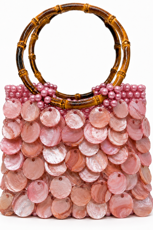 Solea Ballet Atelier Emine elegant natural mother-of-pearl pearl handbag with bamboo handle, handmade couture bag