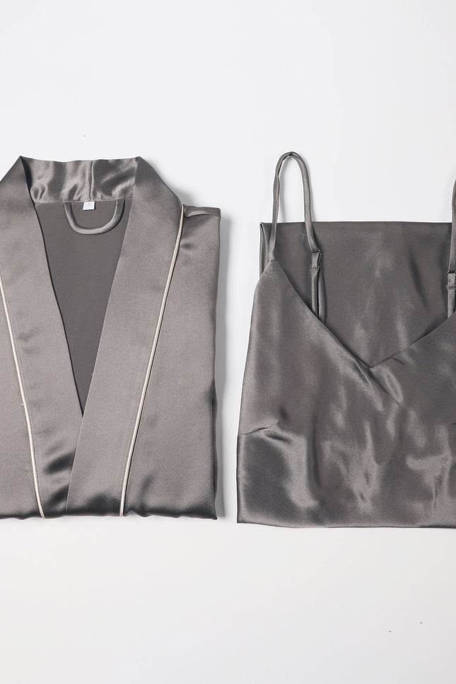 Soft Strokes Silk | Grey Float Kimono Robe & Slip Mini Dress Set