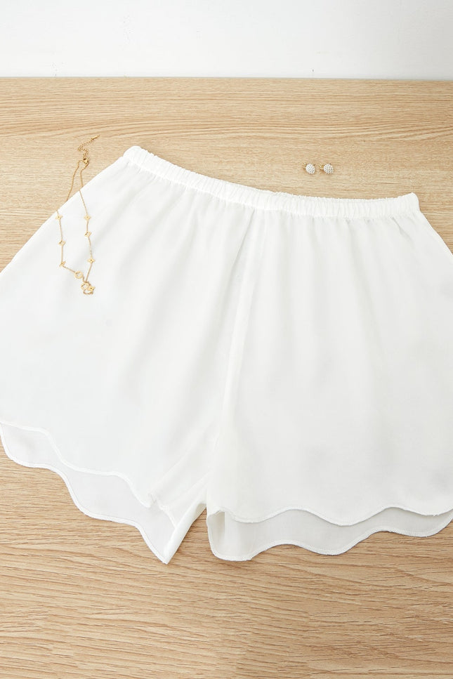 Soft Strokes Silk | Pearl White Scallop Edged Pyjamas Shorts