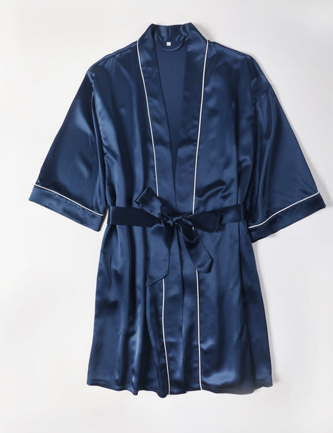 Soft Strokes Silk | Navy Float Kimono Robe & Slip Mini Dress Set