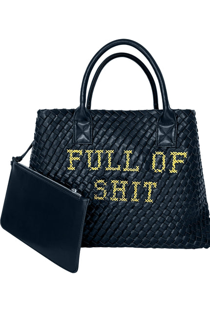 Vegan FULL OF SHIT woven handbag by Lilly Loves featuring a textured, stylish design with a strap and intricate weaving.