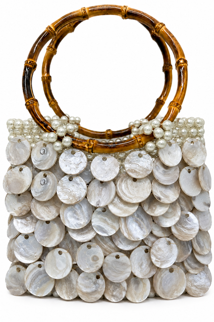 Solea Vanilla Creamstone Couture handmade mother-of-pearl and pearl handbag with natural bamboo handle by Atelier Emine