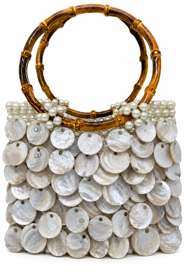 Solea Vanilla Creamstone Couture handmade mother-of-pearl and pearl handbag with natural bamboo handle by Atelier Emine
