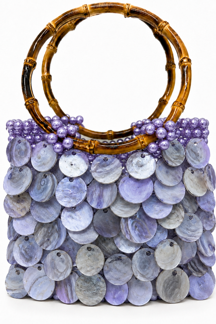 Solea Orchid Atelier Emine purple natural mother-of-pearl pearl handbag with bamboo handle, handmade couture bag
