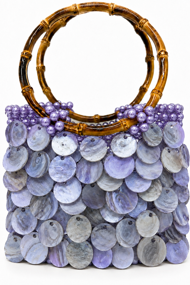 Solea Orchid Atelier Emine purple natural mother-of-pearl pearl handbag with bamboo handle, handmade couture bag