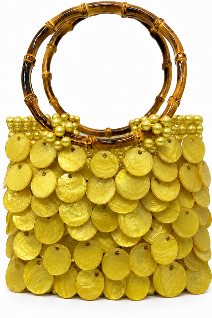 Solea Mimosa Atelier Emine yellow natural mother-of-pearl pearl handbag with bamboo handle, handmade couture bag
