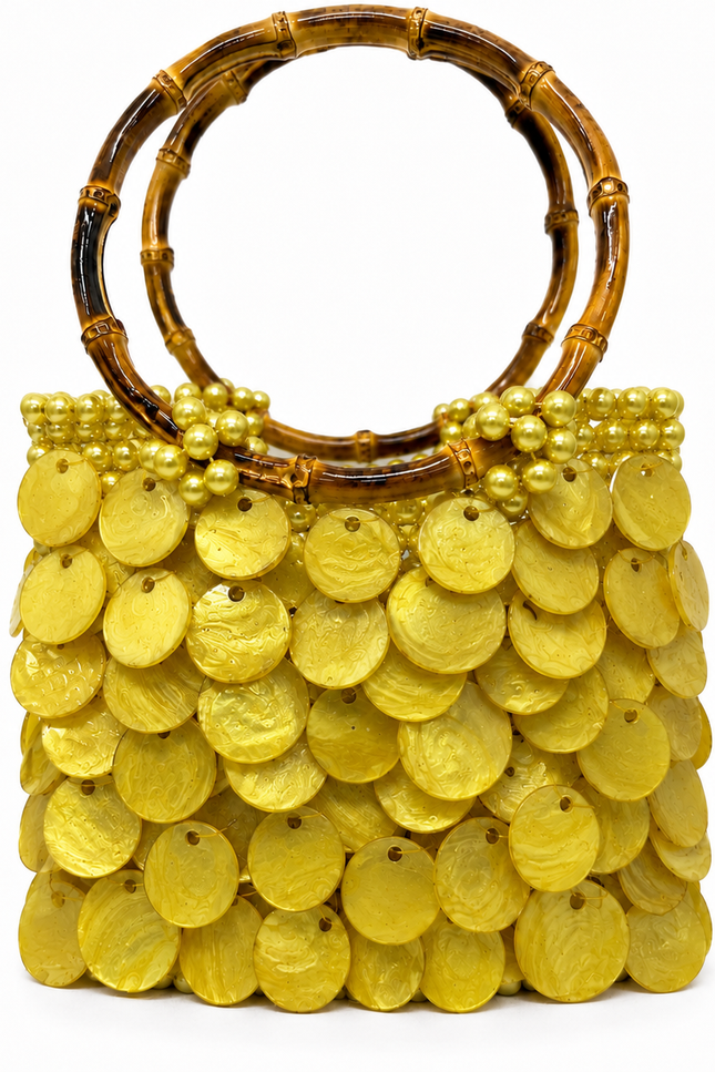 Solea Mimosa Atelier Emine yellow natural mother-of-pearl pearl handbag with bamboo handle, handmade couture bag