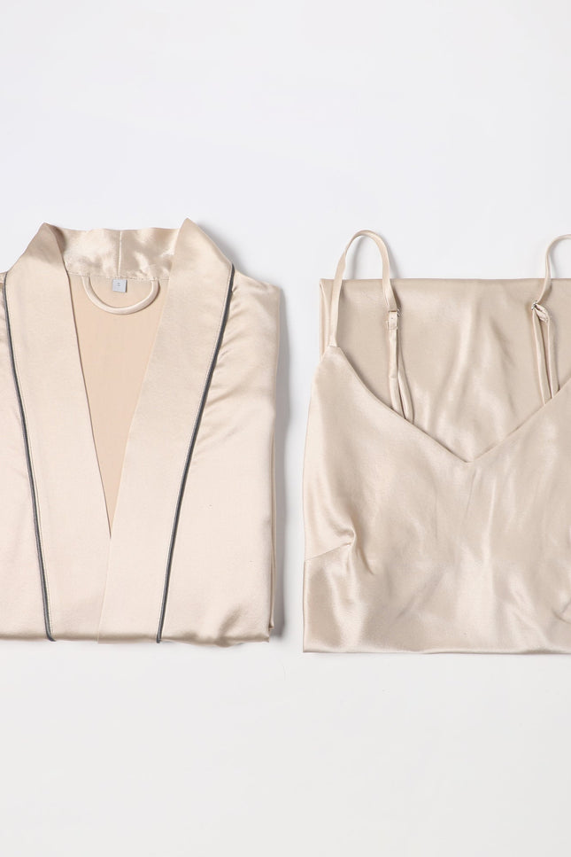 Soft Strokes Silk | Beige Float Kimono Robe & Slip Mini Dress Set