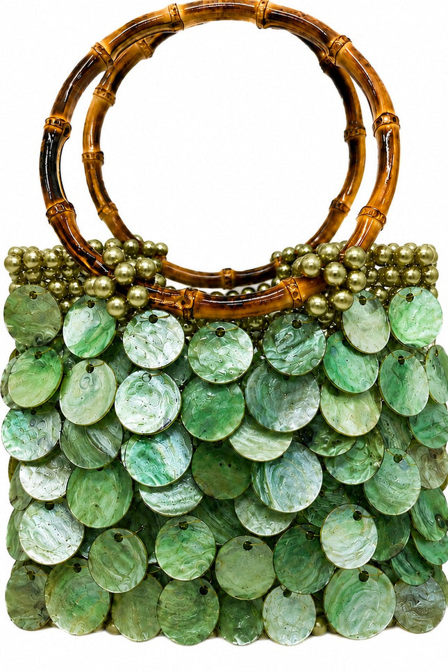 Solea Olive Atelier Emine natural mother-of-pearl pearl handbag with bamboo handle, handmade couture bag