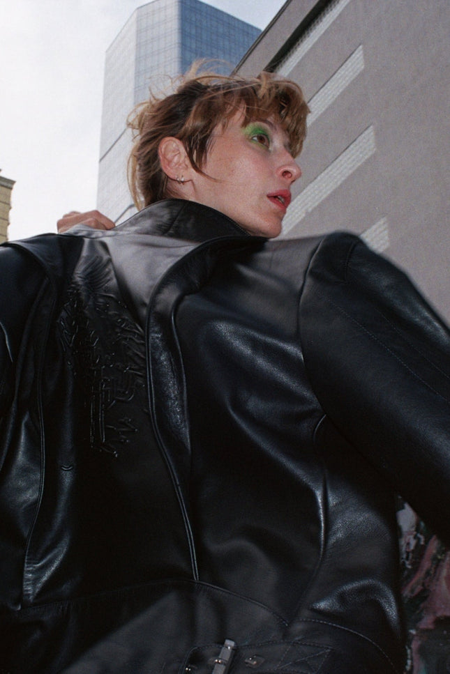 Pica Noir | Medea Bird Embossed Leather Biker Jacket