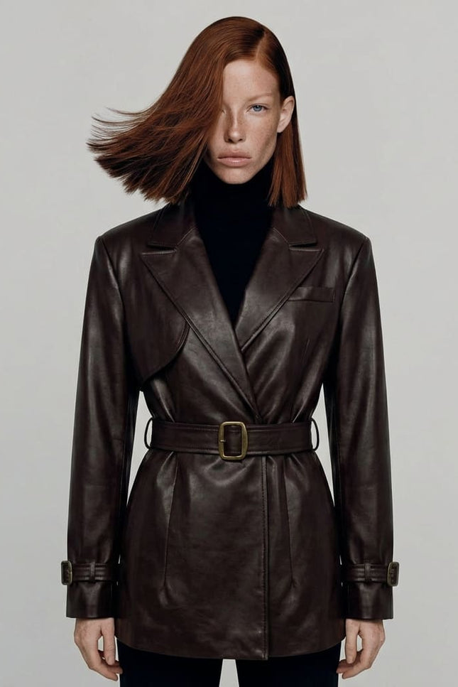 Woman wearing a brown leather coat with a belt on a plain background