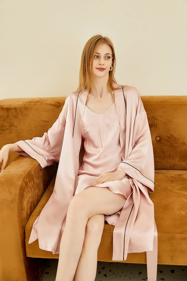 Soft Strokes Silk | Baby Pink Float Kimono Robe & Slip Mini Dress Set
