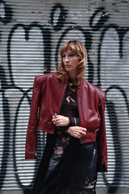 Pica Noir | Mythe Bird Embossed Leather Bomber Jacket