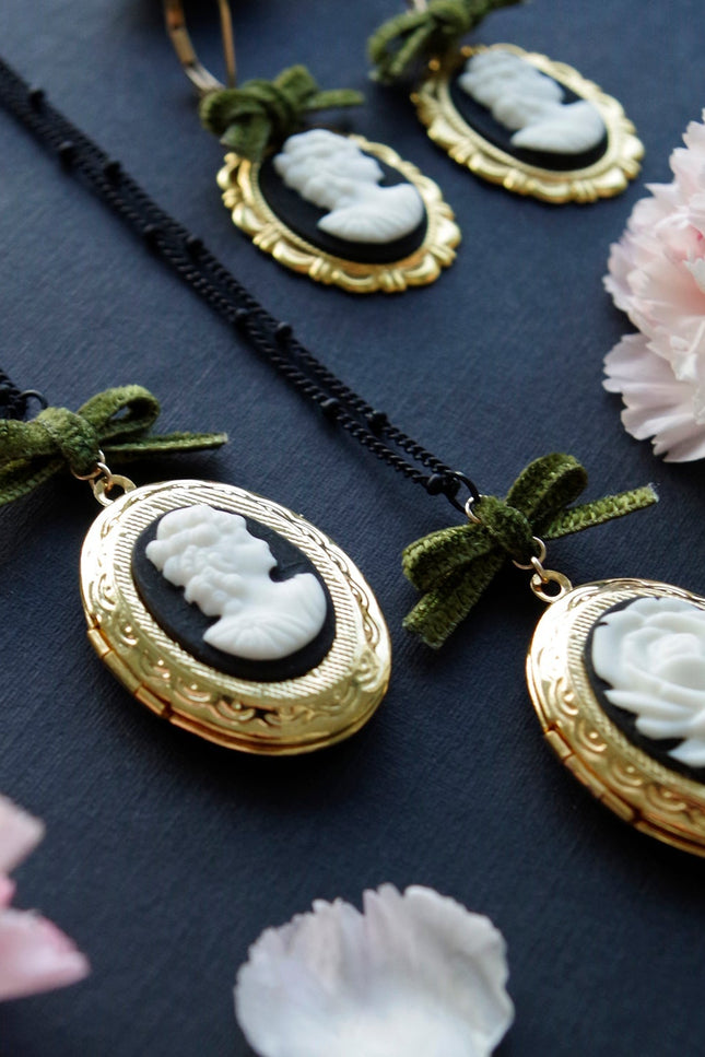 Poporcelain | Dark Romance Rose Oval Cameo Locket Pendant Necklace