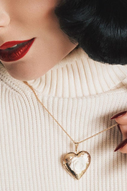 Poporcelain | Heart Locket with Rose Pendant Necklace
