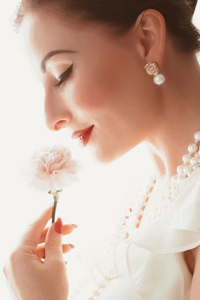 Poporcelain | White Cloud Rose Pearl Drop Earrings