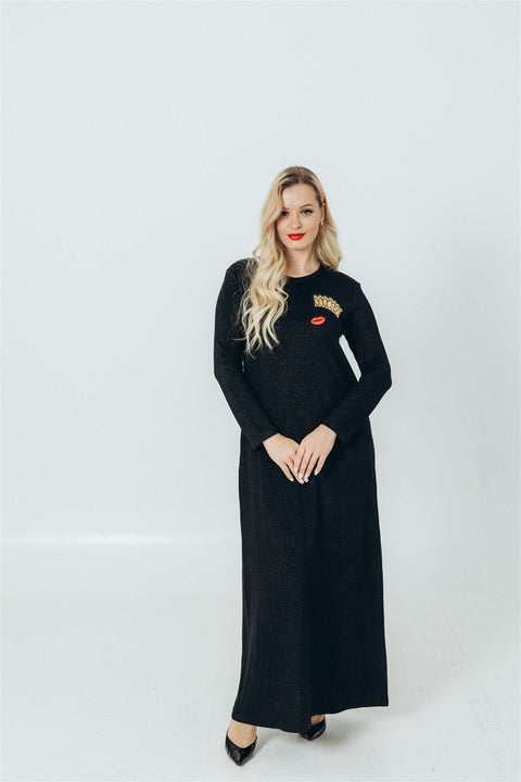 RADADA | Sukienka maxi Crown and Red Lips błyszcząca