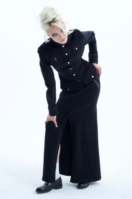 Ramune Piekautaite I LONG DENIM SKIRT WITH FRONT SLIT BLACK