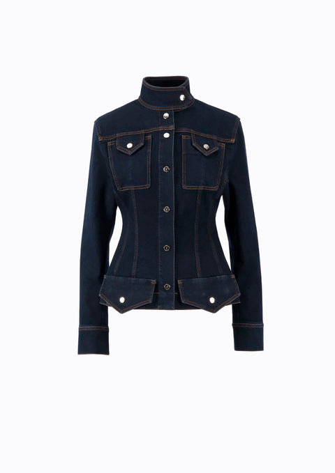 Ramune Piekautaite I DENIM HIGH-COLLAR JACKET DARK BLUE