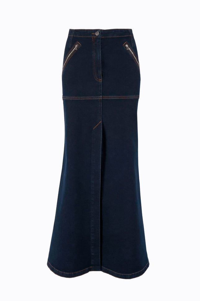 Ramune Piekautaite I LONG DENIM SKIRT WITH FRONT SLIT DARK BLUE
